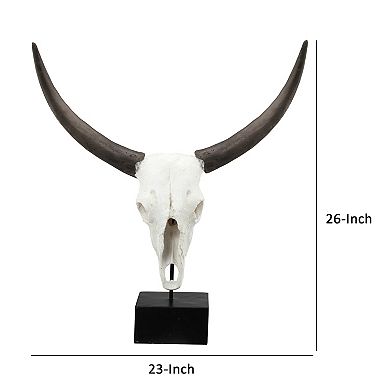 26 Inch Resin Cow Skull Accent Table Decoration, Metal Block Base, White