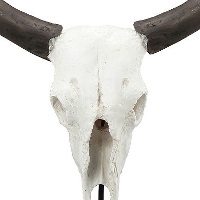 26 Inch Resin Cow Skull Accent Table Decoration, Metal Block Base, White