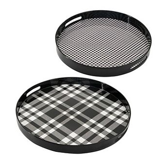 2 pc Round Decorative Tray, Plastic Frame, Black And White Plaid Print