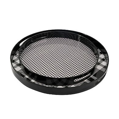 2 Piece Round Decorative Tray, Plastic Frame, Black And White Plaid Print