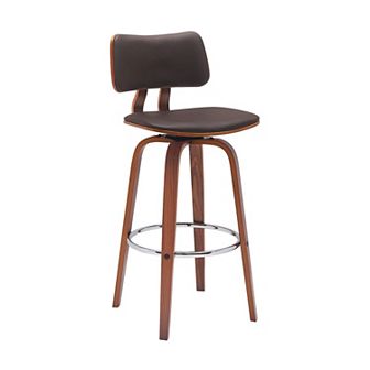 Pino 30 Inch Swivel Barstool Chair, Brown Faux Leather Walnut Brown Wood