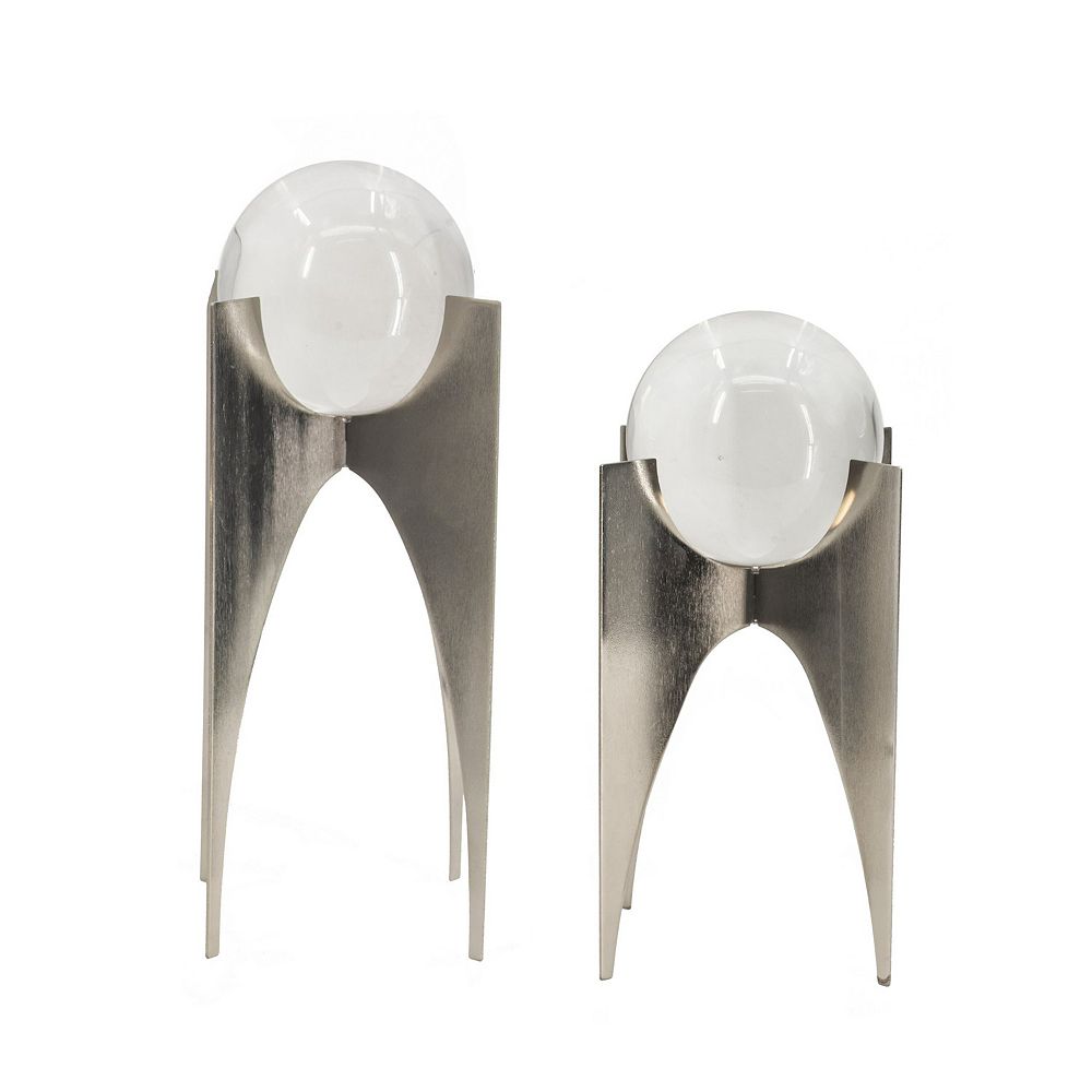 13, 10 Inch Crystal Orb Accent Decor Set Of 2, Metal Stand, Art Deco