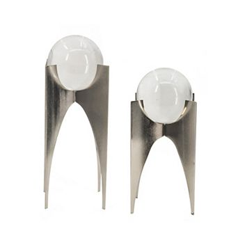 13, 10 Inch Crystal Orb Accent Decor Set Of 2, Metal Stand, Art Deco