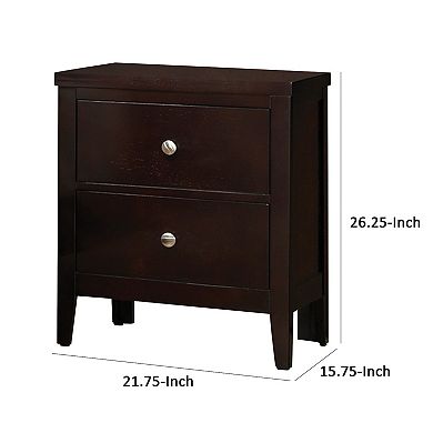 Con 26 Inch Modern 2 Drawer Nightstand, Silver Knobs, Cappuccino Brown