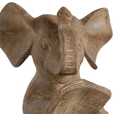 Ari Set Of 2 Bookends, Reading Elephant Statuettes, Classic, Brown Resin