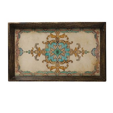 25 Inch Wood Tray, Vintage Style, Distressed Brown Wood Frame, Set Of 2