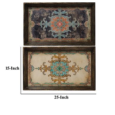 25 Inch Wood Tray, Vintage Style, Distressed Brown Wood Frame, Set Of 2