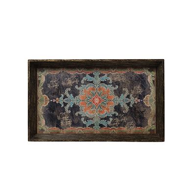 25 Inch Wood Tray, Vintage Style, Distressed Brown Wood Frame, Set Of 2