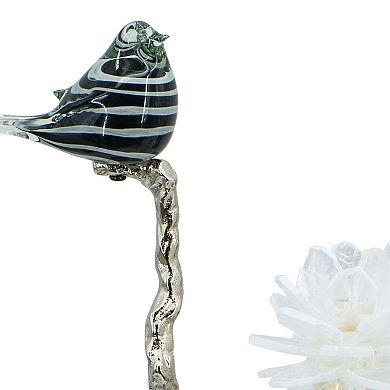 Sue 15 Inch Accent Decor Figurine, Bird On A Branch, Flower, Black, Silver