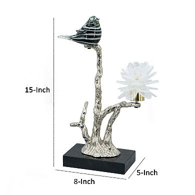 Sue 15 Inch Accent Decor Figurine, Bird On A Branch, Flower, Black, Silver