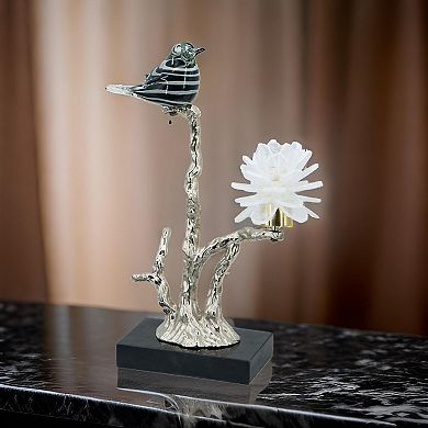 Sue 15 Inch Accent Decor Figurine, Bird On A Branch, Flower, Black, Silver