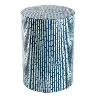 20 Inch Capiz Accent Stool Table, Cylindrical Linear Pattern, Blue, Black
