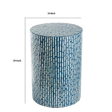 20 Inch Capiz Accent Stool Table, Cylindrical Linear Pattern, Blue, Black