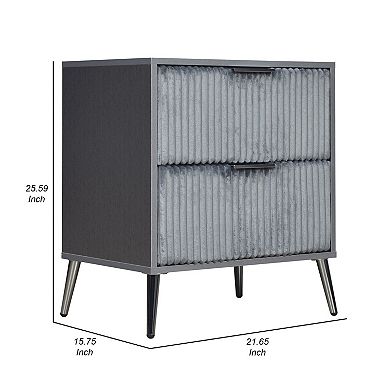 Moko 26 Inch Nightstand, 2 Ribbed Soft Upholstered Drawers, Smooth Gray
