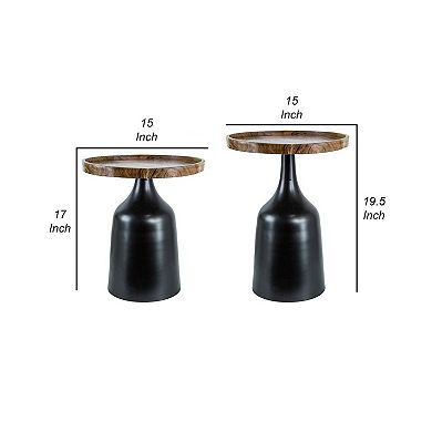 20, 17 Inch Side Table, Acacia Wood, Flared Pedestal Base, Aluminum, Black