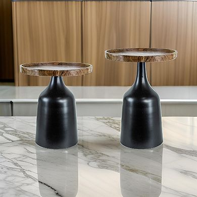 20, 17 Inch Side Table, Acacia Wood, Flared Pedestal Base, Aluminum, Black