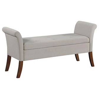 Ako 52 Inch Storage Bench, Button Tufting, Flared Arms, Beige Upholstery
