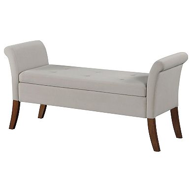 Ako 52 Inch Storage Bench, Button Tufting, Flared Arms, Beige Upholstery