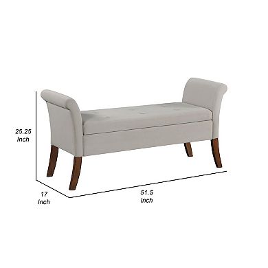 Ako 52 Inch Storage Bench, Button Tufting, Flared Arms, Beige Upholstery