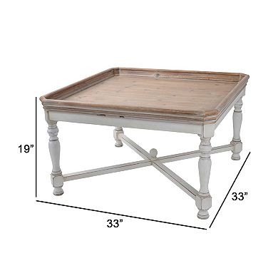 Fin 33 Inch Coffee Table, Tray Top, Rustic Fir Wood, Antique White, Brown