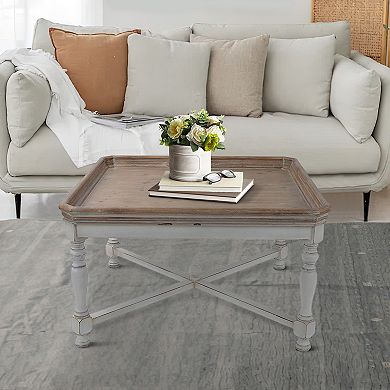 Fin 33 Inch Coffee Table, Tray Top, Rustic Fir Wood, Antique White, Brown