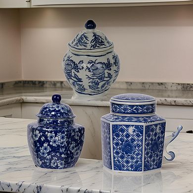 6, 6, 7 Inch Lidded Jars, Persian Inspired Blue Flowers, Curved, Set Of 3
