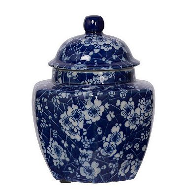 6, 6, 7 Inch Lidded Jars, Persian Inspired Blue Flowers, Curved, Set Of 3