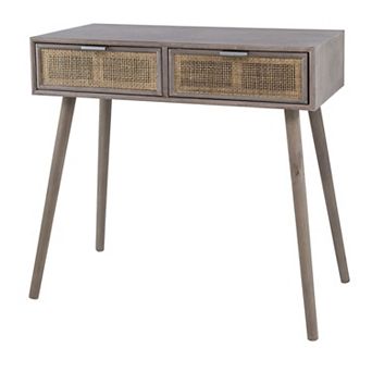 Pia 31 Inch Console Table, Pine Wood, 2 Drawer, Woven Rattan, Rustic Brown