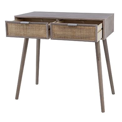 Pia 31 Inch Console Table, Pine Wood, 2 Drawer, Woven Rattan, Rustic Brown