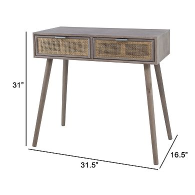 Pia 31 Inch Console Table, Pine Wood, 2 Drawer, Woven Rattan, Rustic Brown