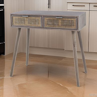 Pia 31 Inch Console Table, Pine Wood, 2 Drawer, Woven Rattan, Rustic Brown