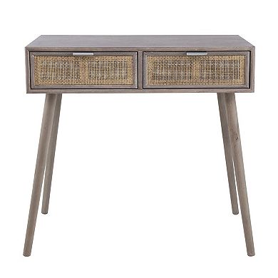 Pia 31 Inch Console Table, Pine Wood, 2 Drawer, Woven Rattan, Rustic Brown