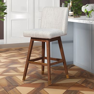 Lia 30 Swivel Barstool Chair, Brown Rubberwood Frame, Soft Beige Polyester