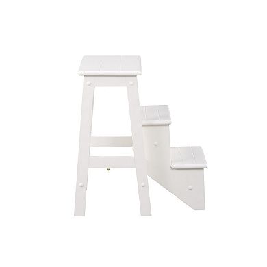 24 Inch 3 Level Step Stool, Plank Tops And Safety Latch, Classic White Wood