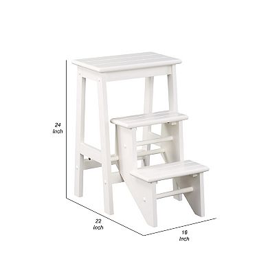 24 Inch 3 Level Step Stool, Plank Tops And Safety Latch, Classic White Wood