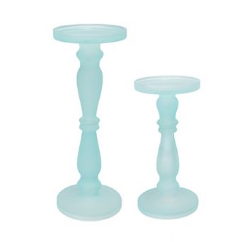Qui 14, 11 Inch Candle Holders, Turned Pedestal, Blue Glass, Set Of 2