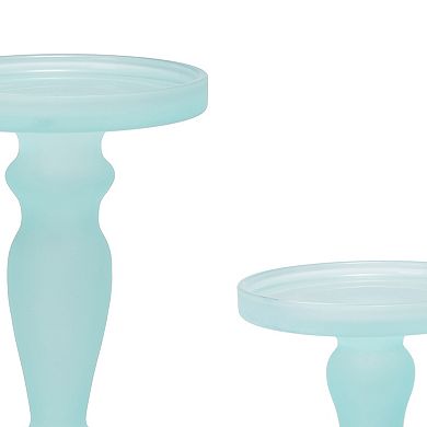 Qui 14, 11 Inch Candle Holders, Turned Pedestal, Blue Glass, Set Of 2