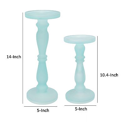 Qui 14, 11 Inch Candle Holders, Turned Pedestal, Blue Glass, Set Of 2