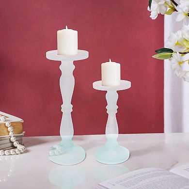 Qui 14, 11 Inch Candle Holders, Turned Pedestal, Blue Glass, Set Of 2
