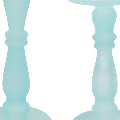 Qui 14, 11 Inch Candle Holders, Turned Pedestal, Blue Glass, Set Of 2