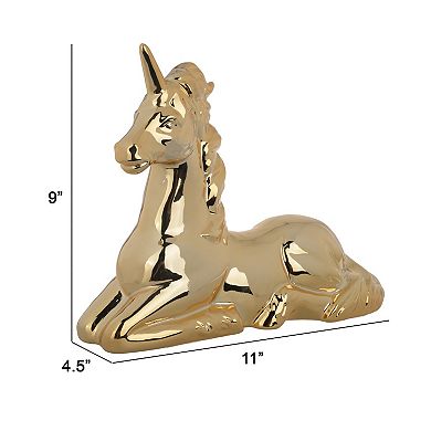 11 Inch Sitting Unicorn Figurine, Ceramic Statuette In Gold Metallic Finish