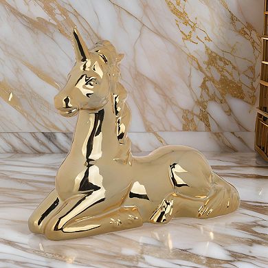 11 Inch Sitting Unicorn Figurine, Ceramic Statuette In Gold Metallic Finish