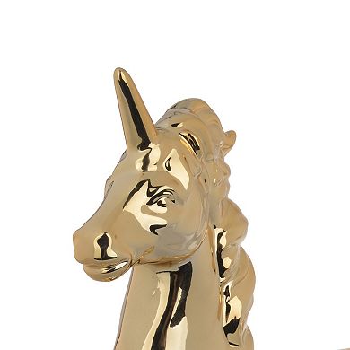 11 Inch Sitting Unicorn Figurine, Ceramic Statuette In Gold Metallic Finish