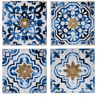 Set Of 4 Classic Framed Wall Decor, Abstract Tile Design, White And Blue