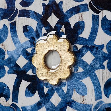 Set Of 4 Classic Framed Wall Decor, Abstract Tile Design, White And Blue