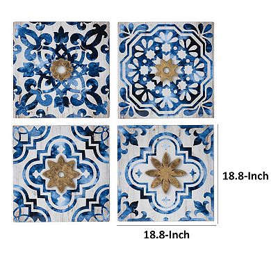 Set Of 4 Classic Framed Wall Decor, Abstract Tile Design, White And Blue