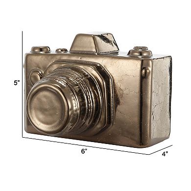 6 Inch Decorative Camera Table Top Accent, Distressed Gold Finish Ceramic