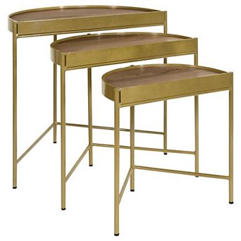 3 pc Nesting End Table Set, Half Moon Tabletops, Mango Wood, Brown