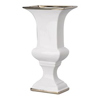 14 Inch Decorative Ceramic Vase, Artistic Turned Urn, White And Gold Rim