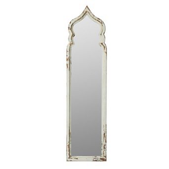 73 Inch Floor Mirror With Ornate Sculpted Top, Fir Wood, Weathered White